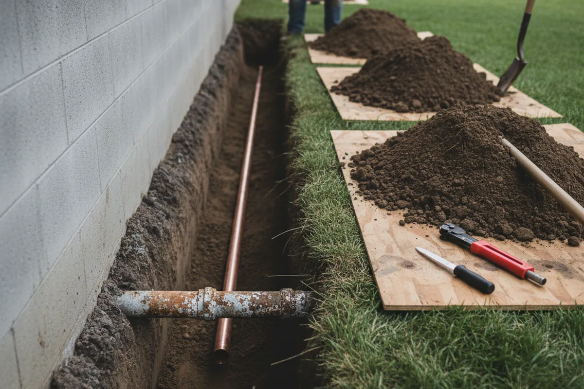 Excavated water line trench during Sewer Line Repair in Marcy